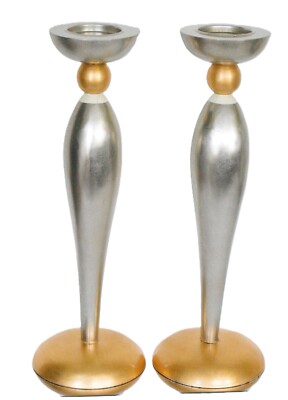 Leeazanne Lam Lee Group Style Silver Gold Metallic Tall Pillar Candleholders S/2