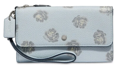 Brandneu mit Etikett echt Coach Rosenmuster Leder Clutch Tasche Handgelenktasche/Geldbörse hellblau