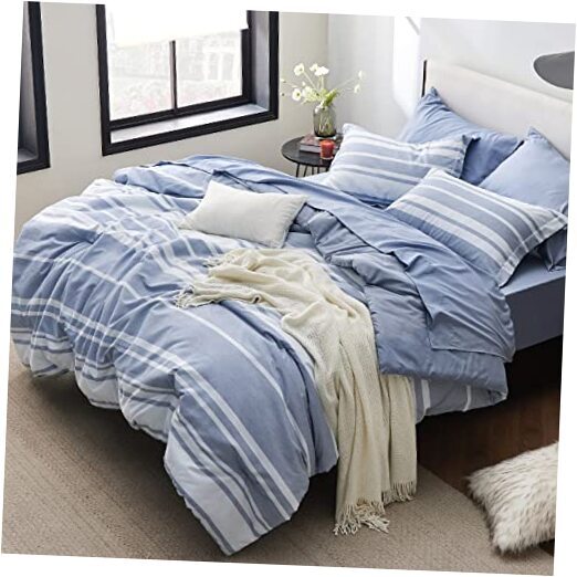Bed in a Bag 7 Pieces - Blue Striped Comforter Set All Season Queen 02 - Blue
