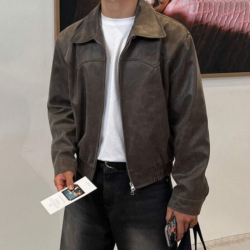 American Short Leather Jacket Mens Loose Retro Lapel Collar
