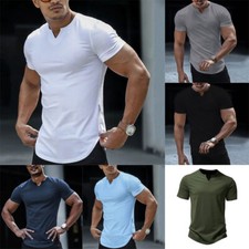 Mens Casual Short Sleeve Shirts Tee Summer Solid V Neck Blouse Slim Muscle Tops