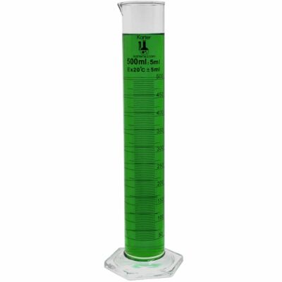 500ml Graduated Cylinder, Glass, Hex Base, Karter Scientific 213I14 (Single)