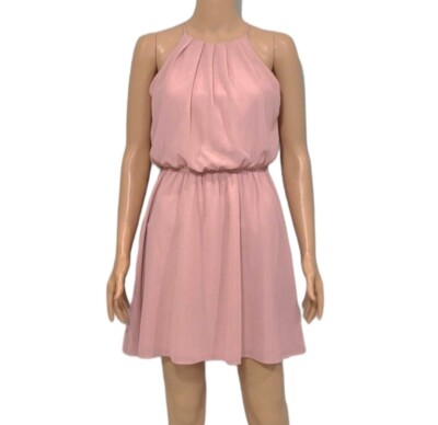 Awesome21 Women's High Neck Pleated Dress w/Waistband Pink Size Small