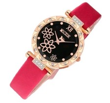 Ladies Watch Black Face Rose Gold Colour Case Pink Rose Faux Leather Strap