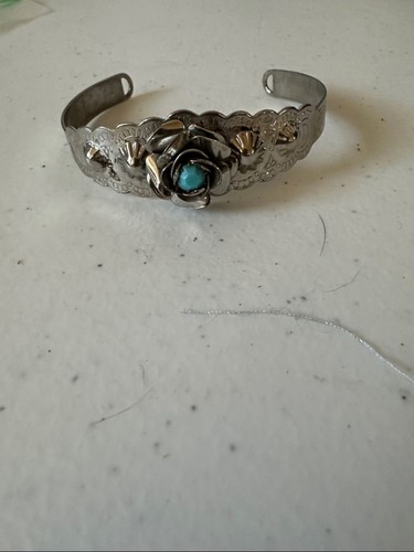 Sterling-Inspired Silver Cuff Bracelet with Turquoise Rose Accent