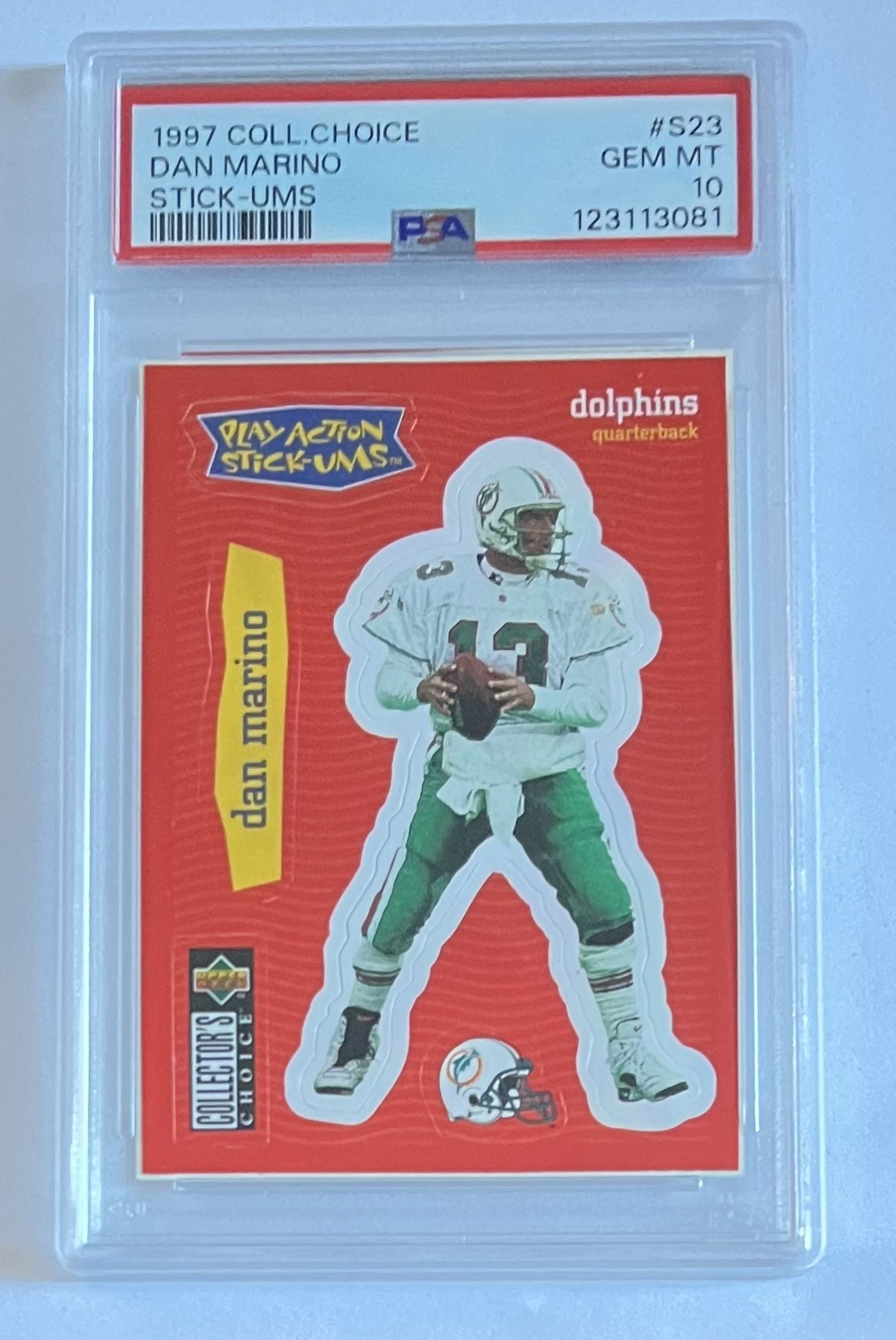 Dan Marino 1997 Collectors Choice Stickers Play Action Stick-Ums #S23 - PSA 10 view 1