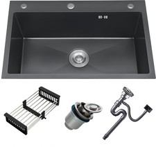 Black Drop in Kitchen Sink, 30x18 Inch Stainless Steel Single Bowl Kitchen Si...