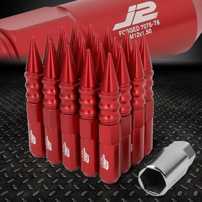 J2 ENGINEERING 7075 ALUMINUM M12X1.5 20PC 123MM SPIKY CAP LUG NUT+ADAPTER RED