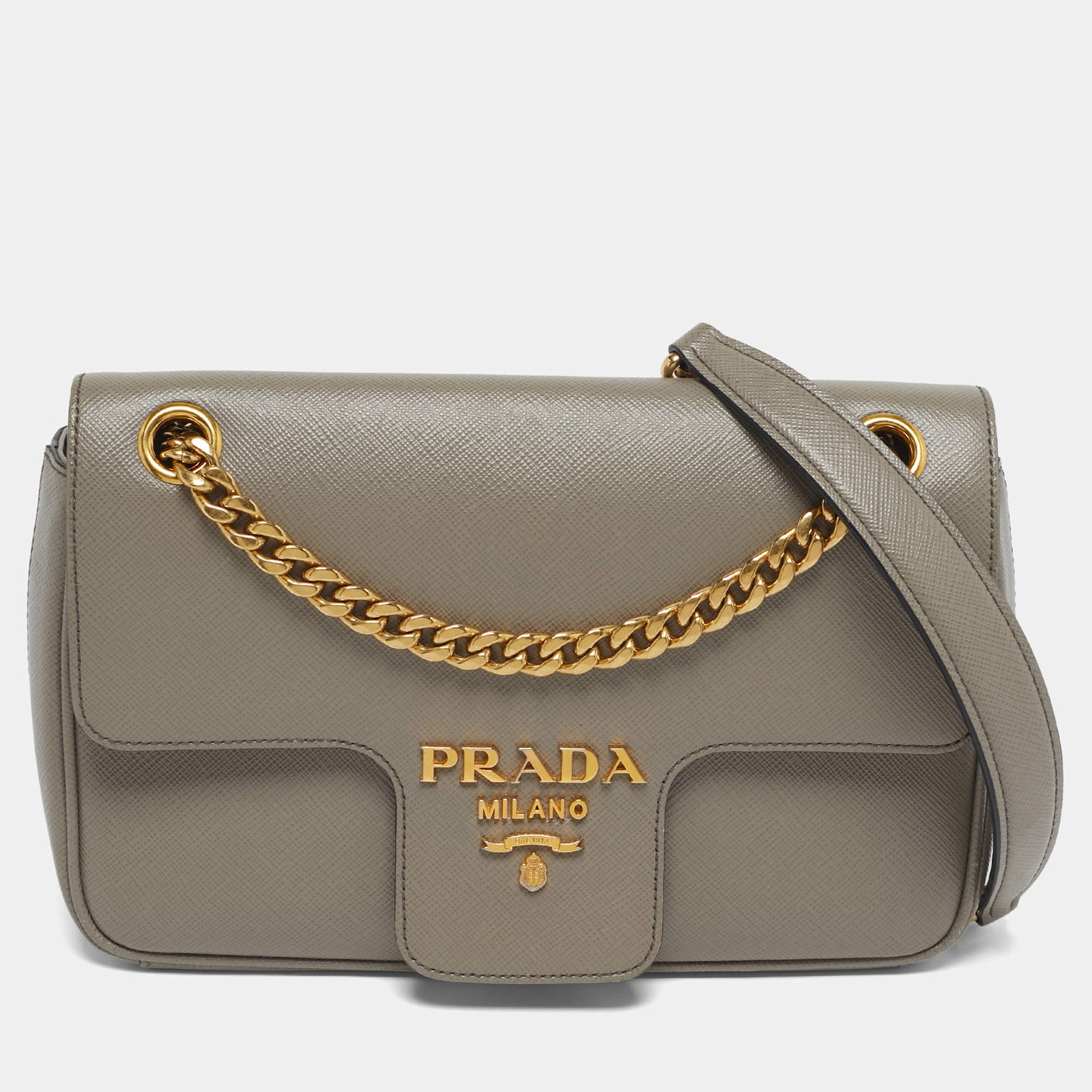 Prada Pattina Grey Saffiano Leather Flap Chain Crossbody Bag