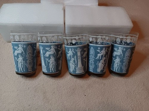 Vintage 1950s Jeanette Greek Glasses Set of 5 5 Inch Corinthian Blue