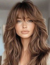 Dark Brown Wavy Wigs with Bangs Lace Front 100 Human Hair Wigs 22in for Women