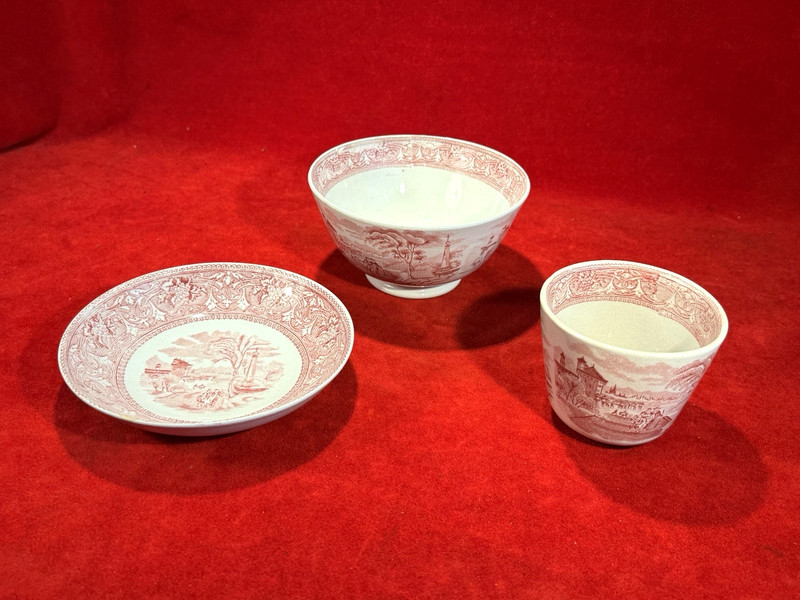 GREAT INDIAN WARS ERA CA 1880 TRANSFERWARE BOWL, CUP, SAUCER / E.M. & CO.