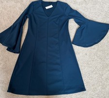 NWT Ann Taylor Blue Knit Fit Flare Dress Huge Bell Cuffs Bodice C-Neck Sz MT