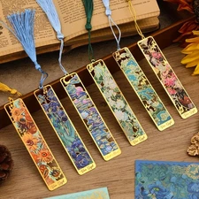 6 Pieces Metal Bookmarks with Tassel, Golden Hollow Bookmark Van Gogh Oil Pai...