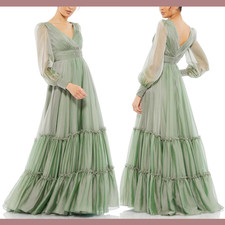 NWT Mac Duggal [ 16 ] 67864 Faux Wrap long Sleeve Tiered Gown Sage Green #S836