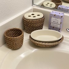 Lamont Rattan Bathroom Accessories Set with Ceramic Inserts - Bathroom Decor