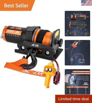 12V 2000-Lb Electric Winch with Dyneema Rope & Wired Remote for Off-Road Towing