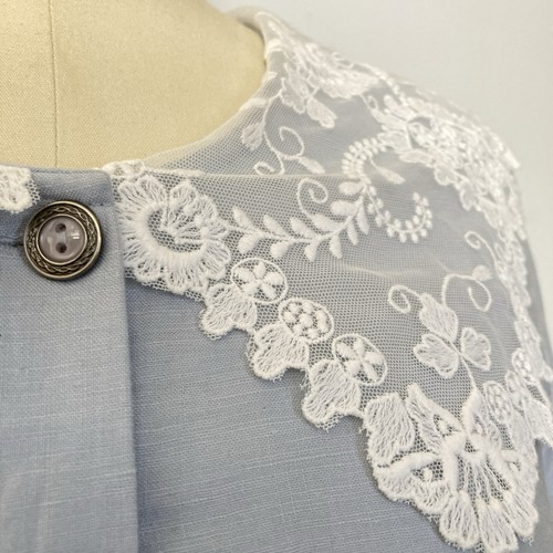 Vintage Laura Ashley Linen Dress Lace Collar Button Front Modest Pale Blue US 12 - Picture 3 of 14