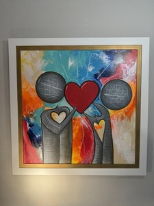 Large Framed Signed Abstract Canvas Painting Couple Heart Love Art