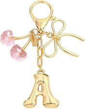 Bubble Letter Initial Keychain Bow Cherry Bag Charm Purse Accessory For Women