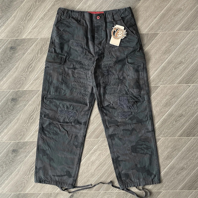 Hellstar Cargo Pants Ripped Camouflage Men Dark Grey Wide-Leg Heavyweight Cotton