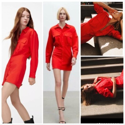 red poplin dress zara BELTED POPLIN MIDI DRESS - Red