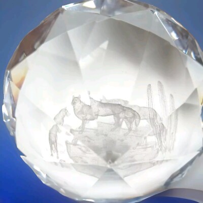  Glass Crystal Clear 3D Laser Coyotes Paperweight Cut Diamond Shaped Rare!