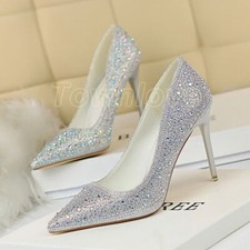 Women Stiletto High Heel Rhinestone Pumps Closed Pointed Toe Glitter Party Shoes