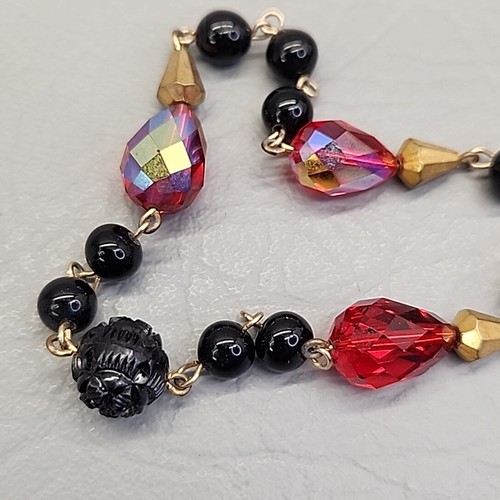 Vtg Glass Beaded Necklace Set of 2 AB Red Teardrop Black Round 21-28" - Picture 10 of 15