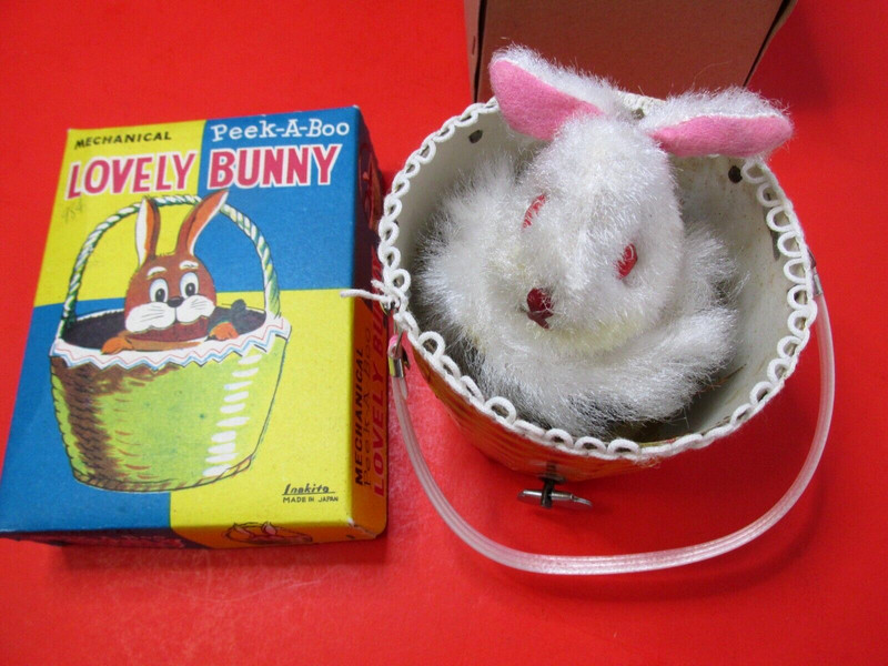 INAKITA JAPAN MECHANICAL TOY NIB NOS 50'S PEEK A BOO BUNNY WIND UP OLD ANTIQUE