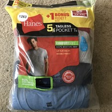   BRAND-NEW  5 PACK Hanes MensTagless Pocket T-shirts Multi Color Crew Neck