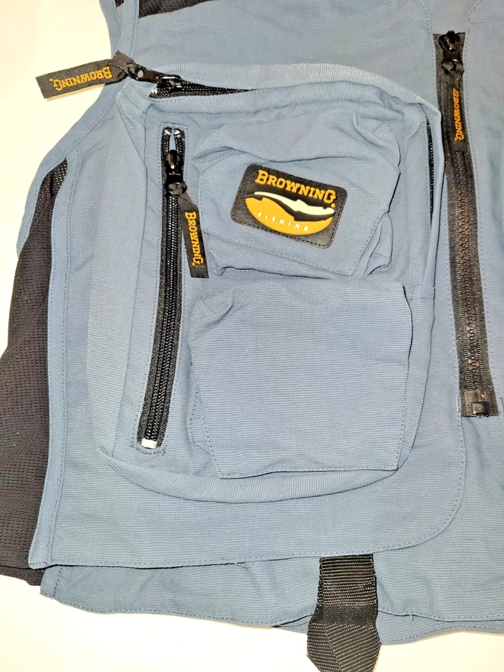 CHALECO DE PESCA CON MOSCA MARRÓN talla M Mediano TONELADAS DE BOLSILLOS Azul con Paneles Elásticos Foto 4 de 4