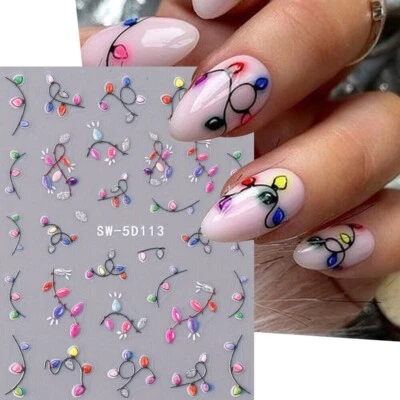 5D Nail Art Stickers Decals Embossed Christmas Tree Lights New Years Eve SW5D113