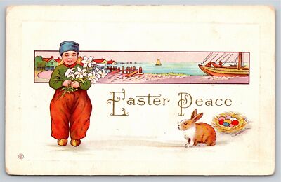 Boy Rabbit & Harbor Scene Easter Peace~Stecher Vintage Postcard