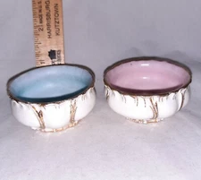 2 Open Salt Cellar Dip White Pink or Blue inside Antique With Gold Trim Embossed