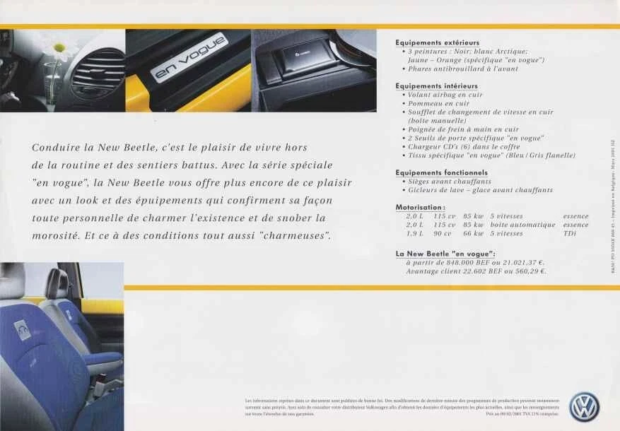 Catalogue Brochure VW New Beetle En Vogue 03/2001 Belgique en français - Photo 2/2