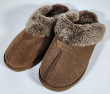 Brown Suede Faux Fur Lined Ladies Slip-On Slippers Fur Trim Comfort Size S 5-6 