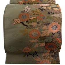 JAPANESE KIMONO BELT FUKURO OBI BROWN GREEN ROKUTSU-GARA PURE SILK DD8622