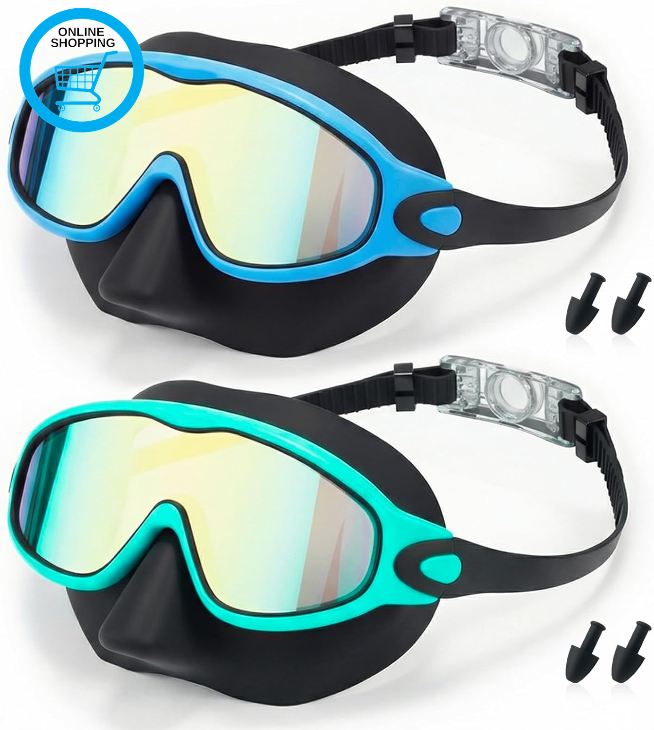 2PCS Kids Swimming Goggles with Nose Cover, Wide View Adjustable Anti-Fog UV Pro