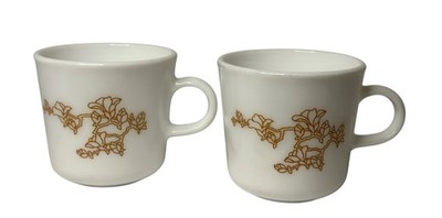 Vintage Corning Milk Glass Cherry Blossom Mugs 2Pc Brown Floral Oriental Pattern