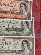 1954 Bank of Canada DEVIL S FACE 1 & 2 Dollar Lot of 3 Notes Uncirculated RARE!!