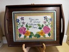 👀Video - Handmade Cross Stitch Welcome Wood Tray Spring Colors Fast Shipping 