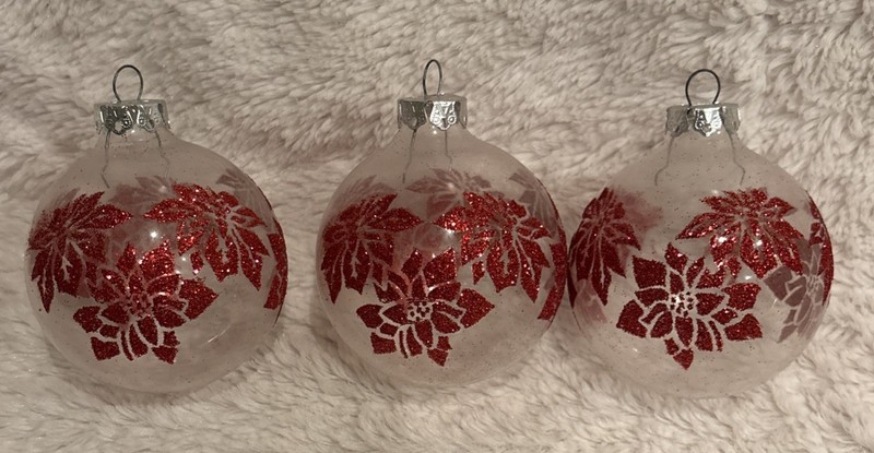 Vintage Bradford Novelty Clear Glass Red Glitter Poinsettia Ornaments Set Of 3