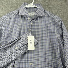 Eton Contemporary Dress Shirt Men Size Small 15/38 Blue Brown Checked NEW