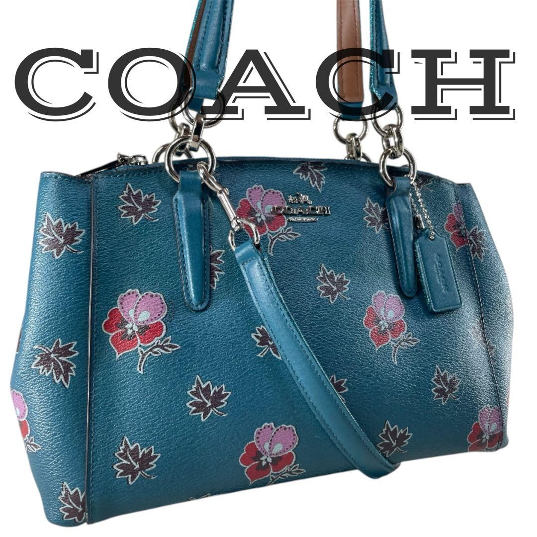 COACH 2way Shoulder Bag Floral Pattern Rose Handbag Leather Blue   Authentic