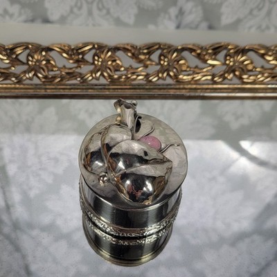 VTG Art Nouveau Silver Colored Trinket /Jewelry Box with Flower &Pink Cabochon