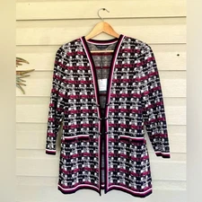 MING WANG open sweater jacket knit designer cardigan pink black white NWT sz XS