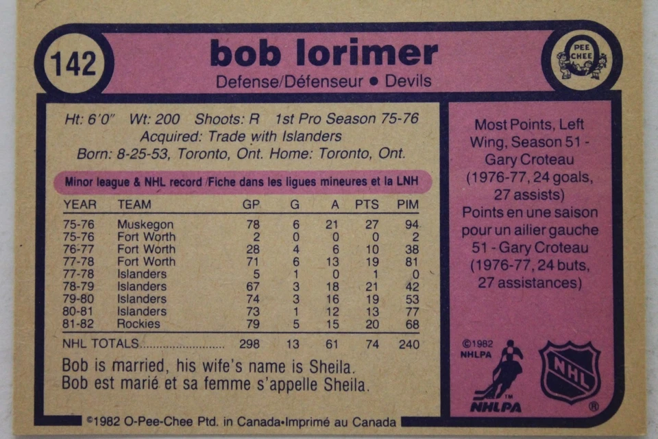 New Jersey Devils Bob Lorimer Auto Signed 1982/83 OPC O Pee Chee Card #142  K - Image 2 of 2