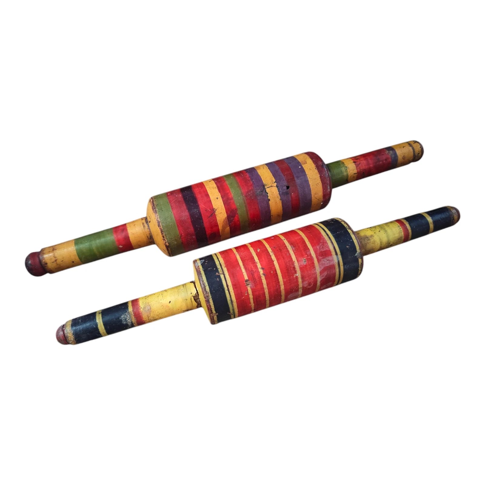 2 Pcs Vintage Old Antique Handcrafted Lacquer Painted Chapati Rolling Pin