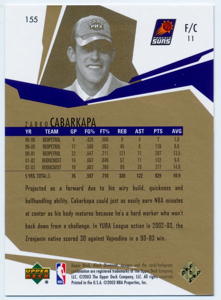 2003-04 Upper Deck Black Diamond Gold ZARKO CABARKAPA RC Phoenix Suns SP #/25 - Image 2 of 2